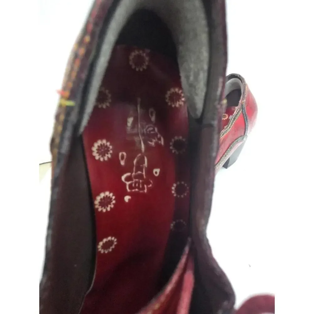 Red Paisley Heel Shoes Womens Size 39 US 8 Lace Up Leather Print Vintage Style - Picture 11 of 13